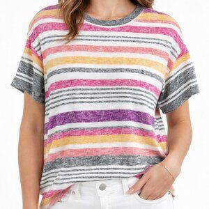Kensie White Multicolor Stripe Oversized Short Sleeve Knit Top Womens Small
